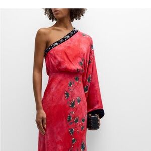 NWT SALONI Lily Kimono one shoulder red silk blue velvet beaded dress. Size 2.